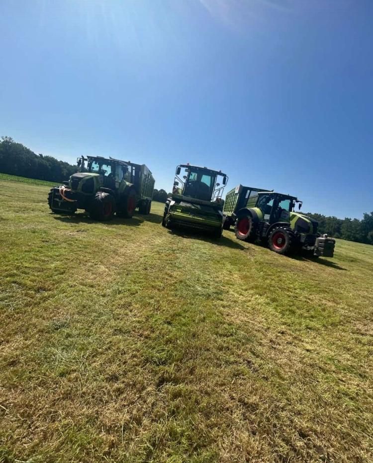 Claas-Feldhäcksler mit Gras-Pickup und zwei Claas-Schlepper mit Ladewagen, abgestellt auf einer frisch gemähten Wiese